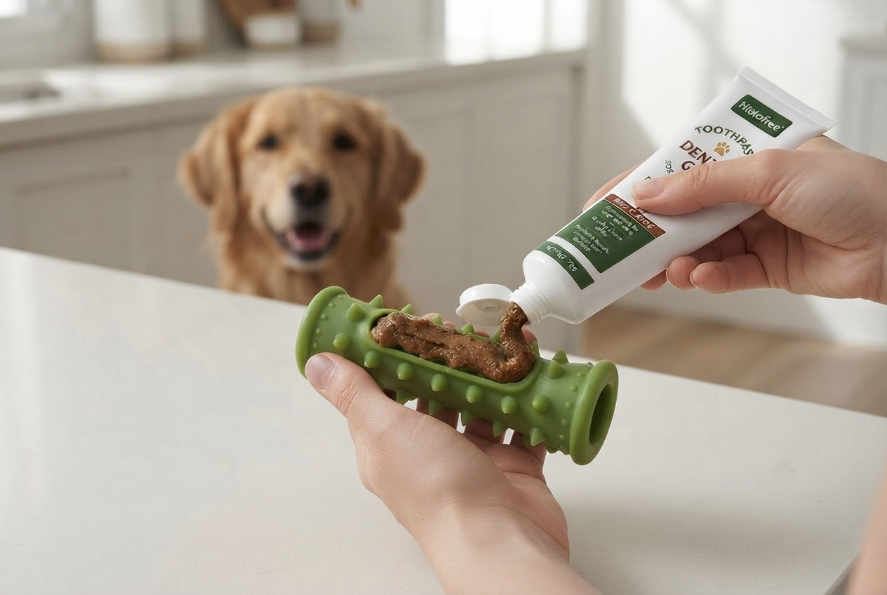 Owner applying dental gel to a Kyvra chew toy while a dog watches
